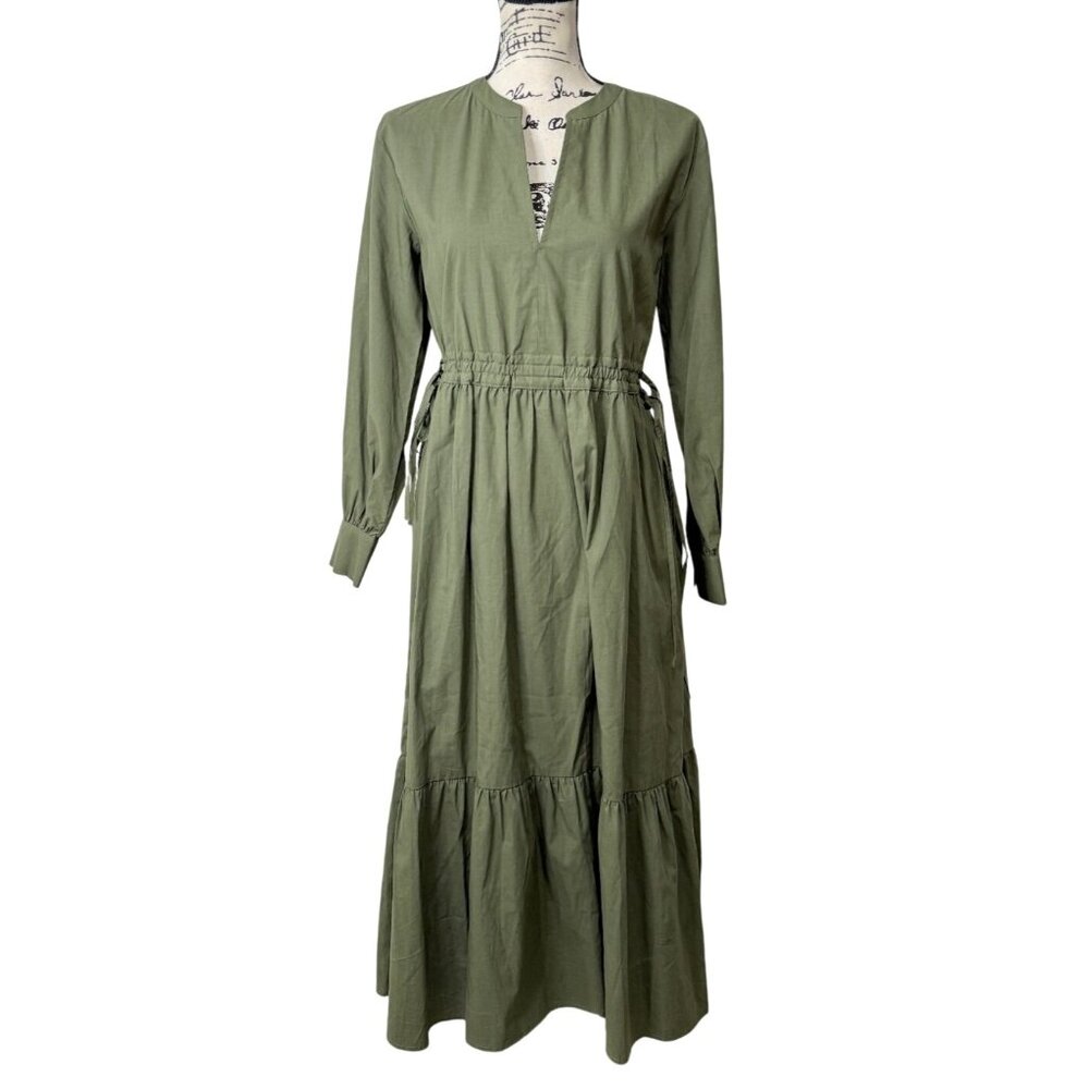 Rails Olive Green Tiered Maxi Dress Cinched-Waist & Long Sleeves Womens XS NEW
